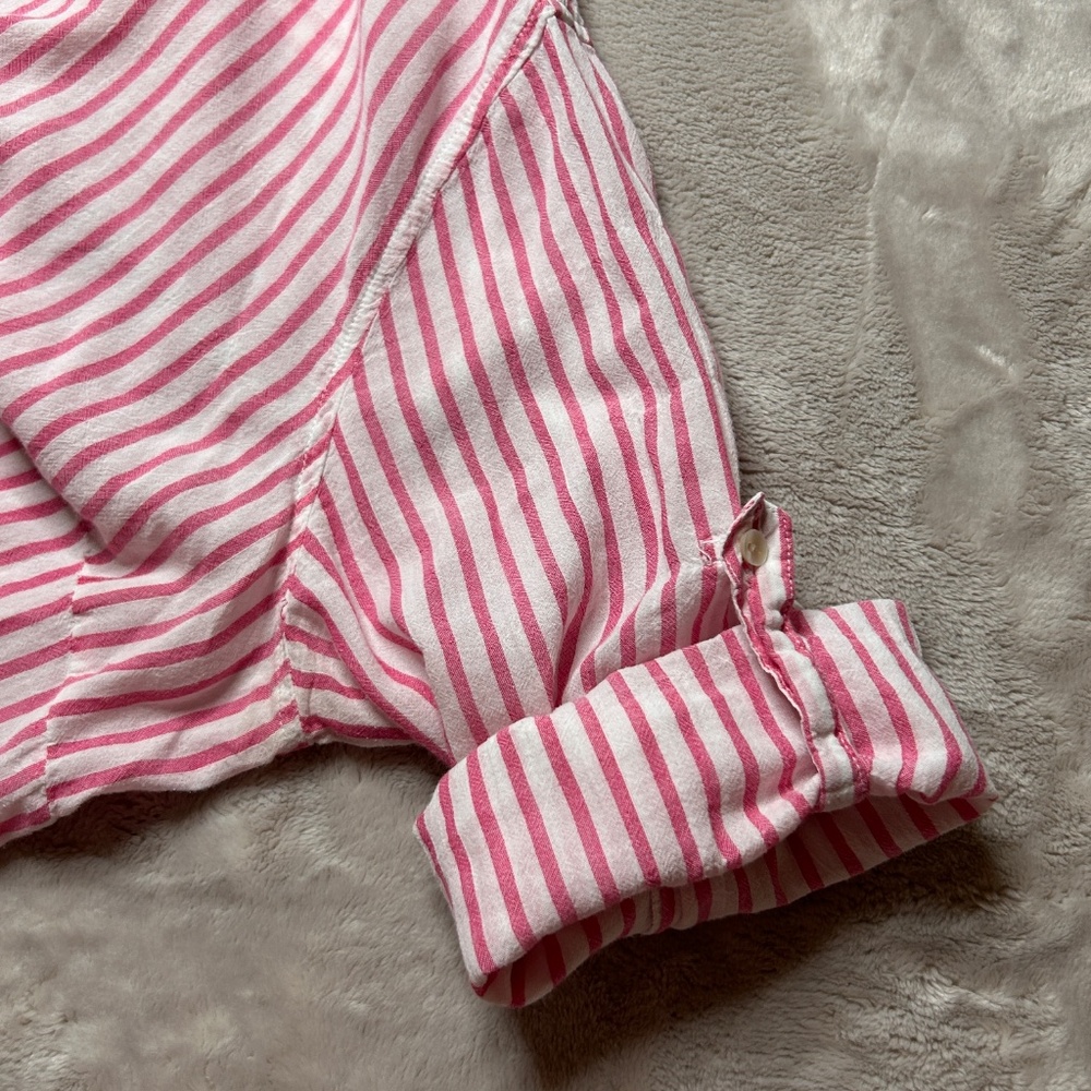 J. Mclaughlin Popover Tunic Shirt‎ Womens L Pink White Stripe Roll Tab Sleeve - Picture 7 of 9